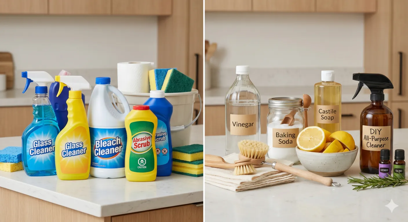 Natural cleaning ingredients compared to conventional chemical cleaning products in a zero waste home