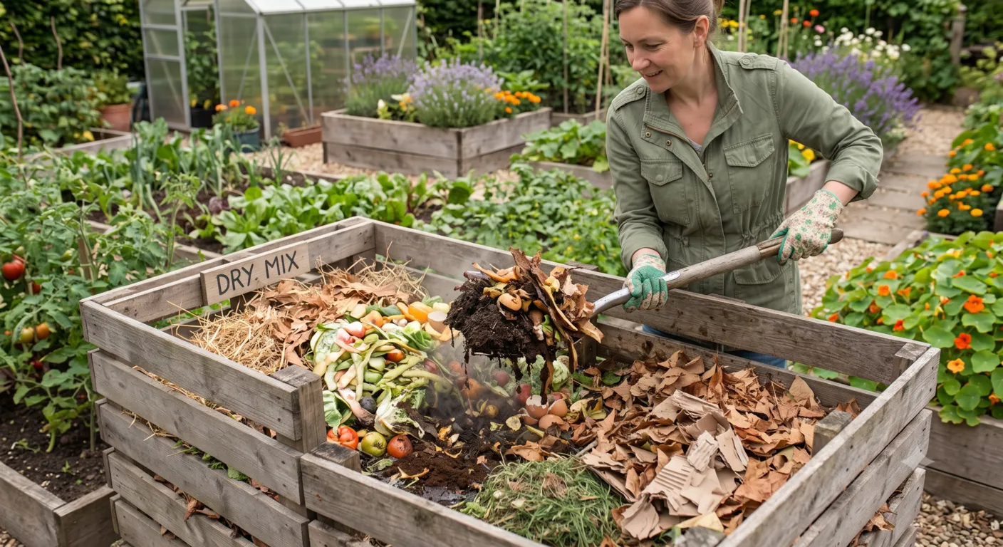 Turning a compost pile to improve airflow and speed up decomposition.