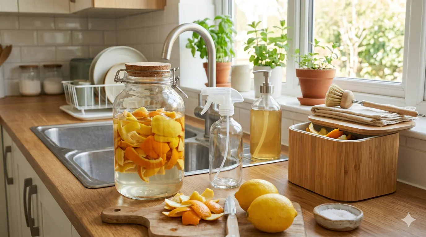Fresh lemons and citrus peels used to create natural homemade cleaning products and reduce household waste