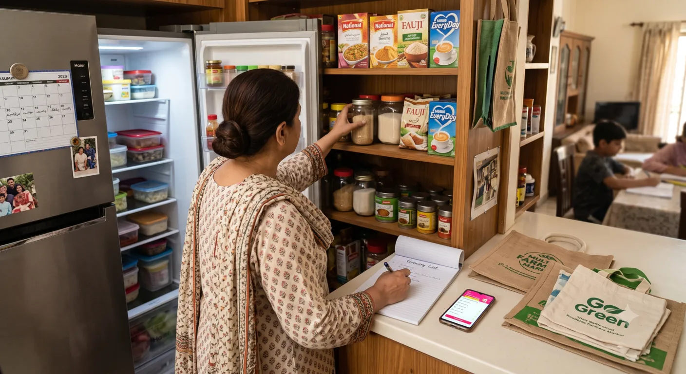 Person creating a grocery shopping list after checking pantry supplies
