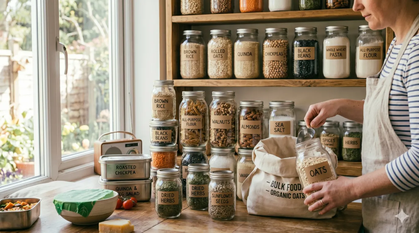 Mason jars organizing pantry staples in a plastic-free kitchen