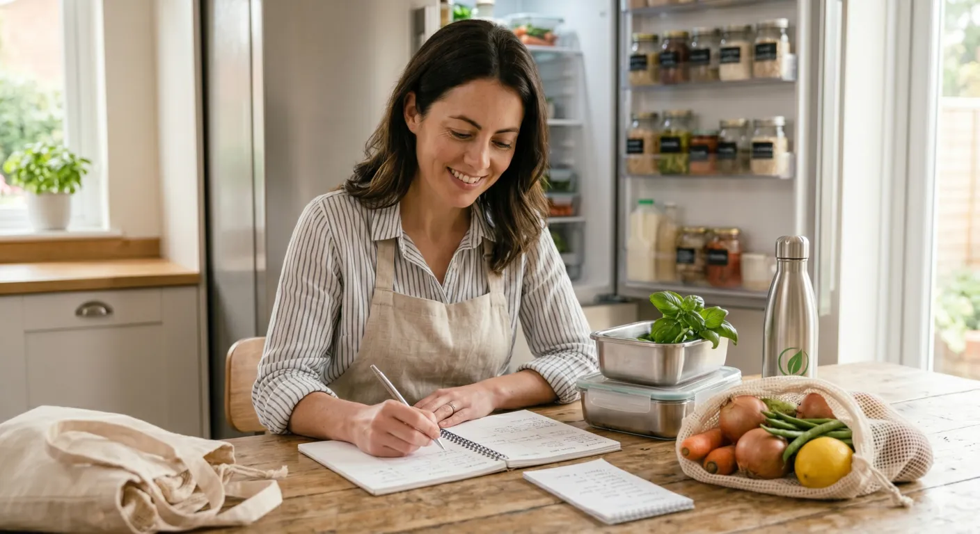 Kitchen scene showing weekly meal planning with notebook, grocery list, fresh vegetables, and organized food containers to reduce food waste.