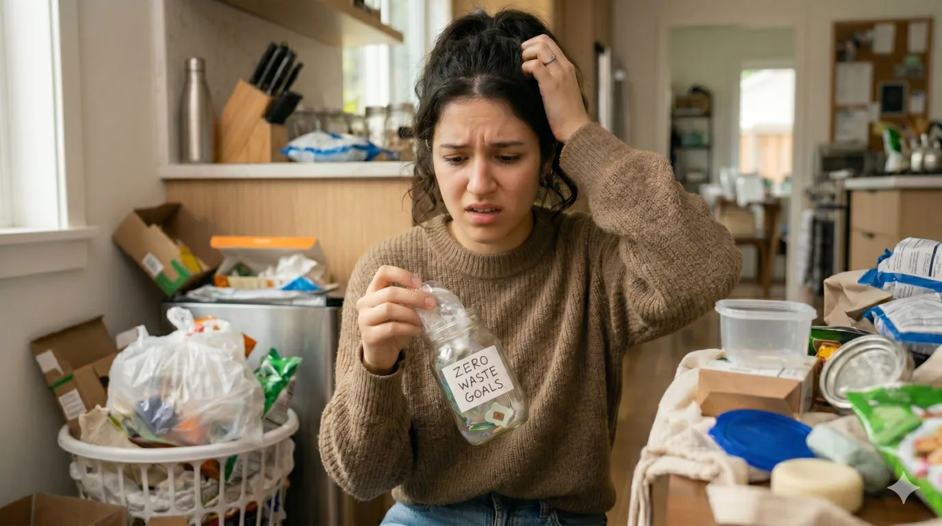 Person stressed while trying to achieve perfect zero waste lifestyle with minimal trash jar