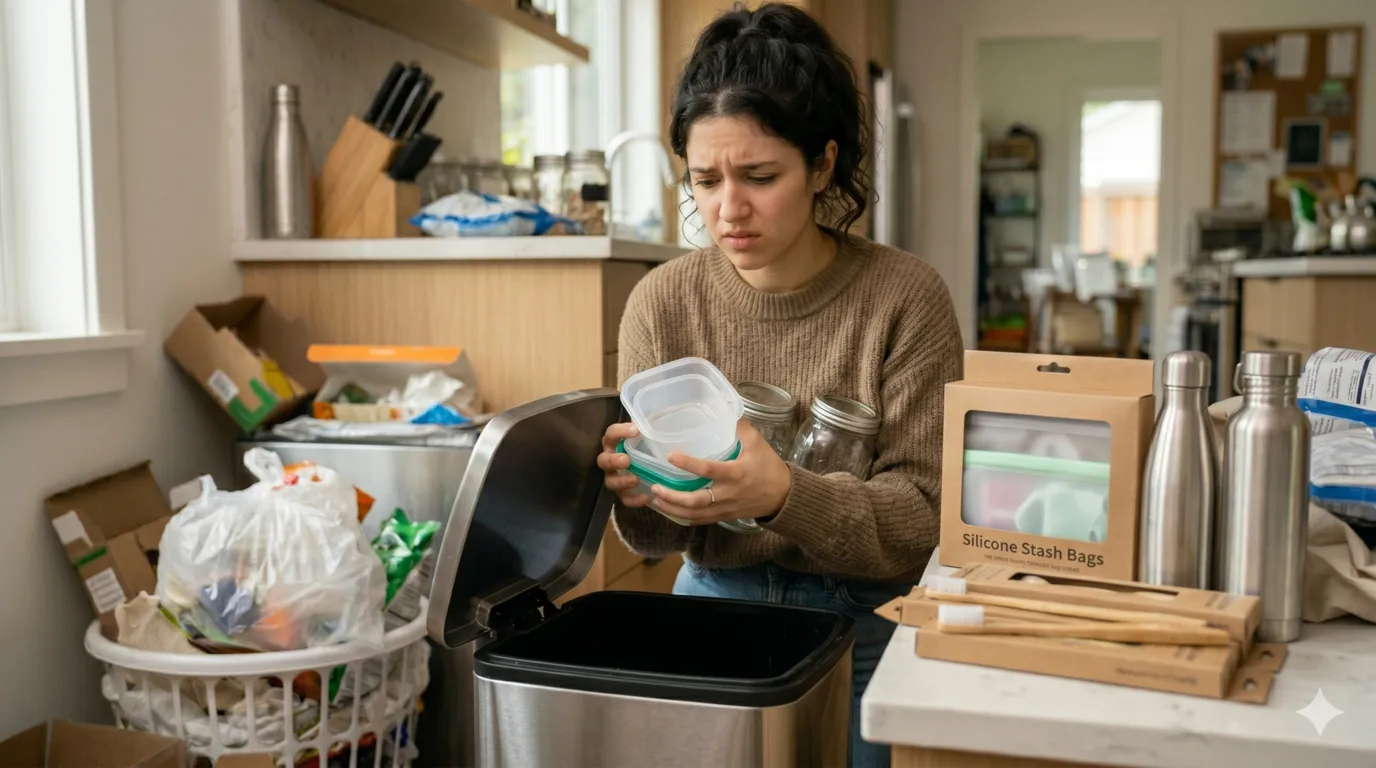 Person discarding usable plastic containers while replacing them with new eco-friendly products