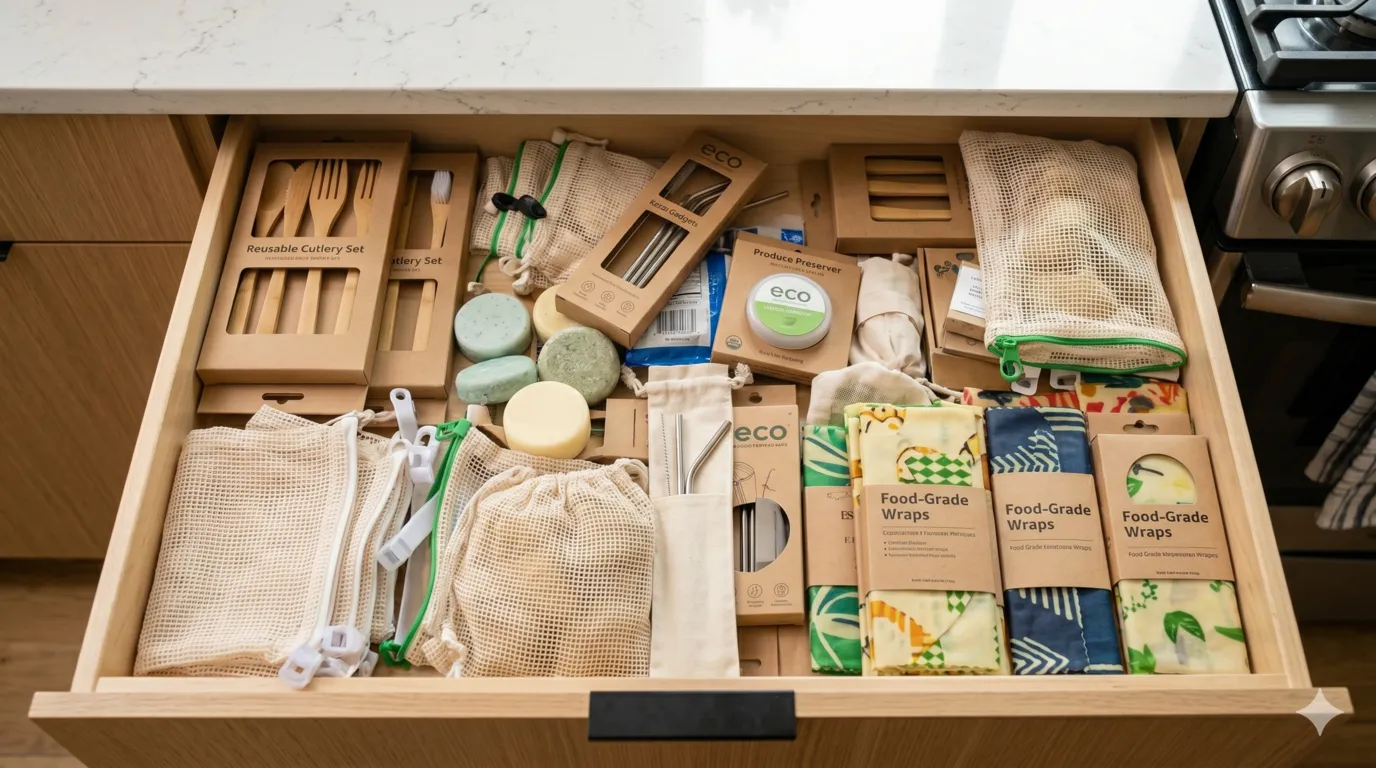 Drawer filled with unused eco-friendly products like bamboo cutlery and reusable bags
