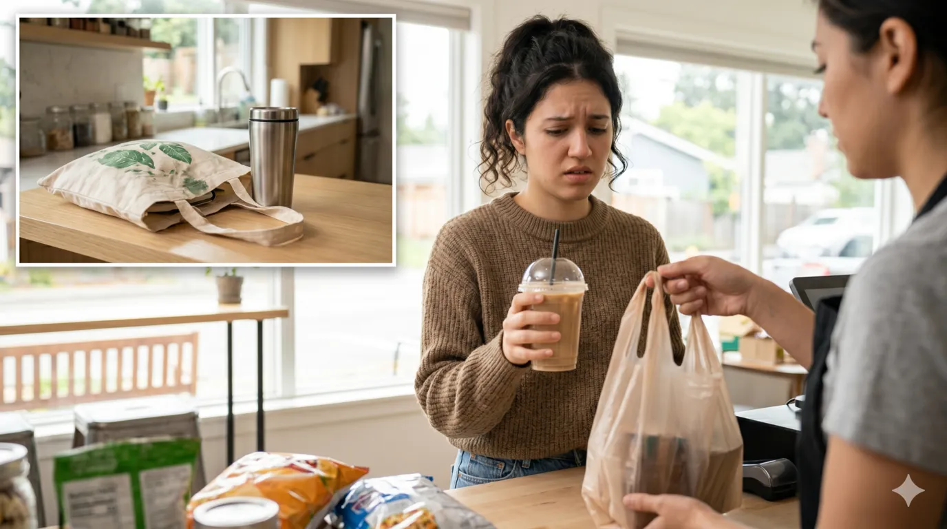 Person leaving home without reusable bag and buying single-use plastic items at store
