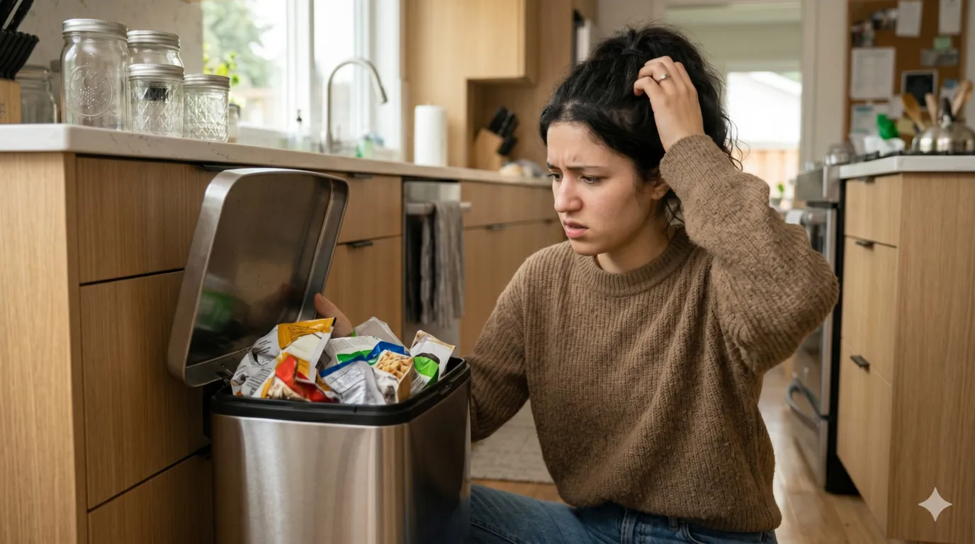 Person looking frustrated at unchanged trash bin while starting zero waste lifestyle