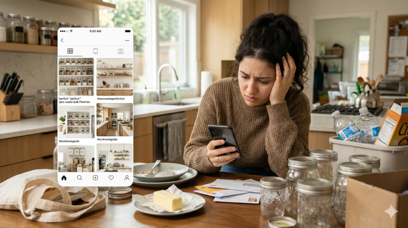 Person comparing their kitchen to perfect zero waste home on social media