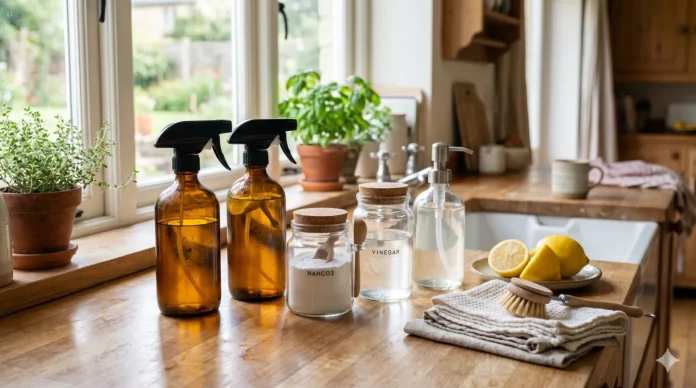 Natural Cleaning Products That Reduce Waste A Practical Beginner's Guide Natural cleaning products including vinegar, baking soda, castile soap, and reusable spray bottles for a zero waste cleaning routine