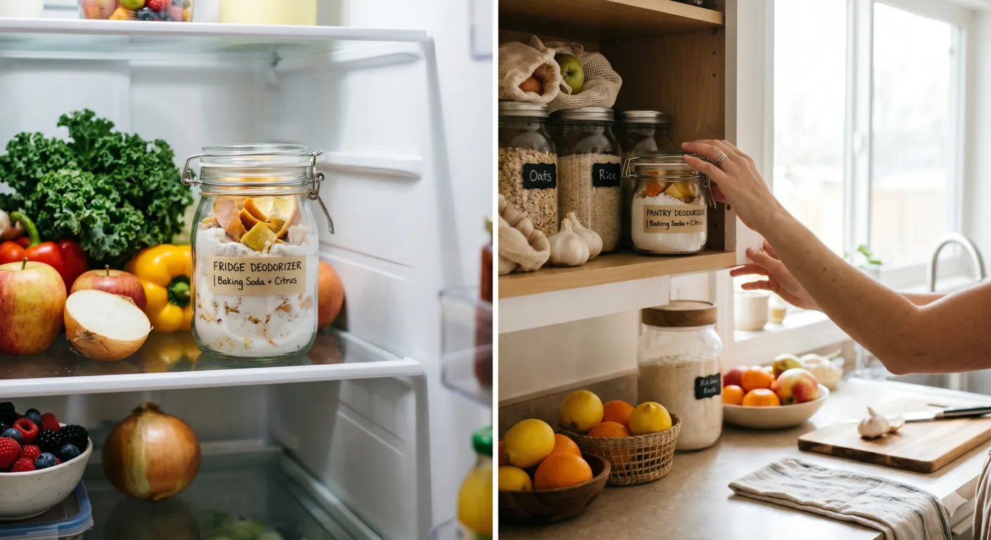 Homemade natural deodorizer with baking soda and citrus peels for odor-free sustainable living