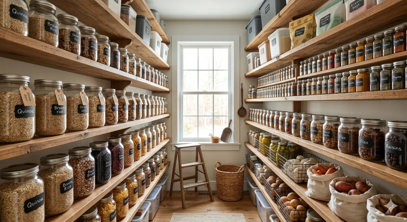 Sustainable pantry organization with labeled glass jars and bulk food storage containers