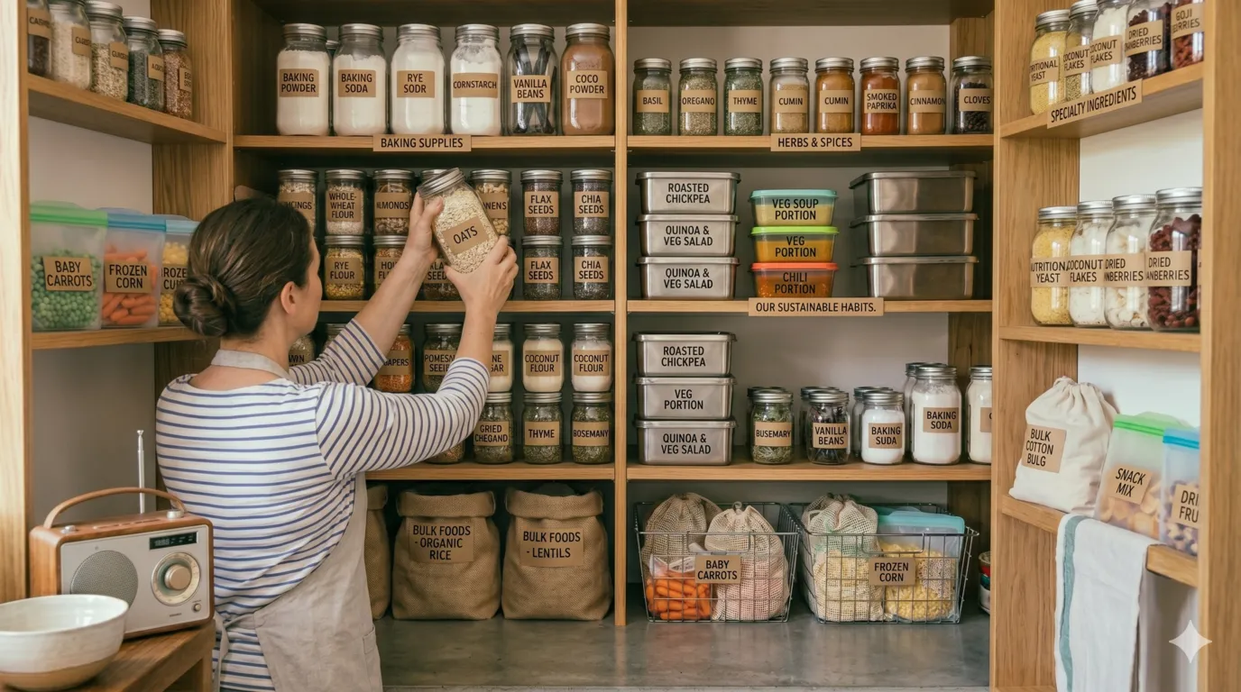 Organized pantry with labeled jars and reusable food storage containers