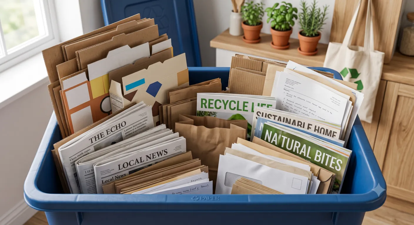 Clean paper, newspapers, magazines, cardboard boxes, and paper bags prepared for recycling in a household recycling bin.