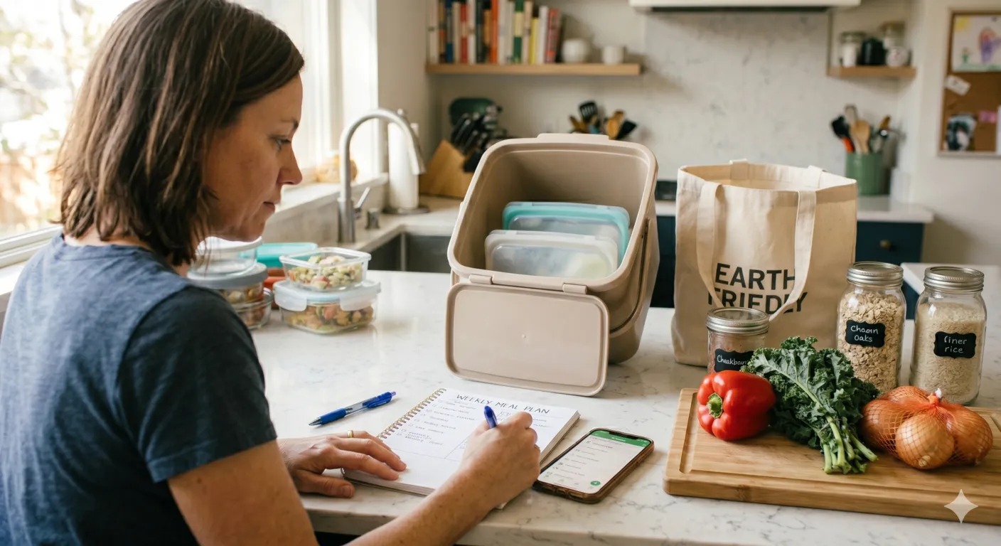 Person creating a weekly meal plan to prevent household food waste