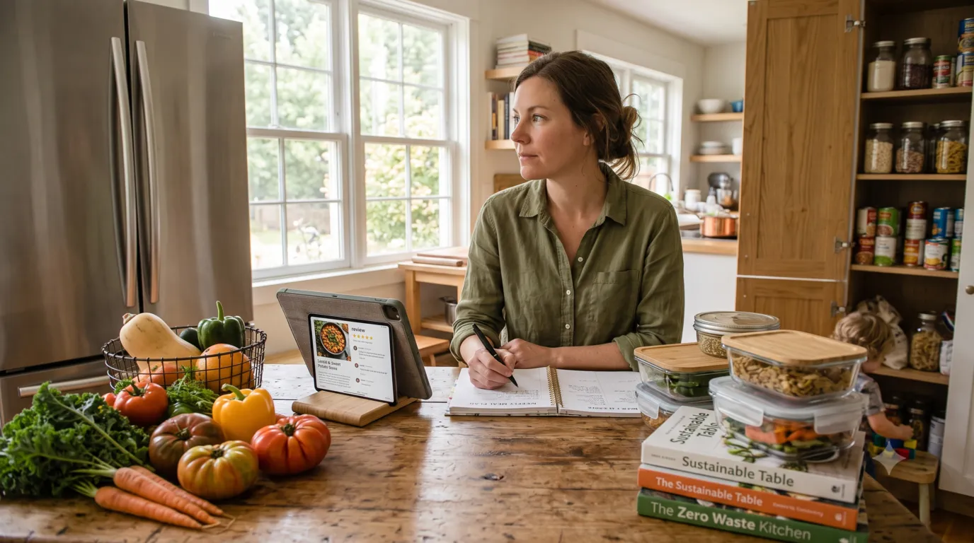 Ultra-realistic documentary-style photograph of a person writing a weekly meal plan while reviewing recipes on a tablet, fresh produce and reusable food containers arranged on the kitchen table, natural morning sunlight, authentic family home, professional editorial photography, warm realistic colors, educational sustainability theme, Google Discover optimized, strong Experience and Trustworthiness signals.