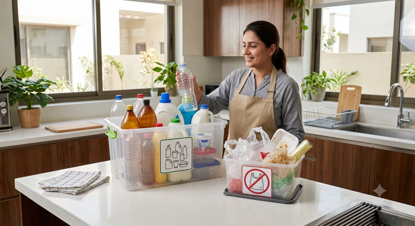 Recyclable plastic bottles, milk jugs, detergent containers, and yogurt tubs sorted correctly while plastic bags and Styrofoam are separated.