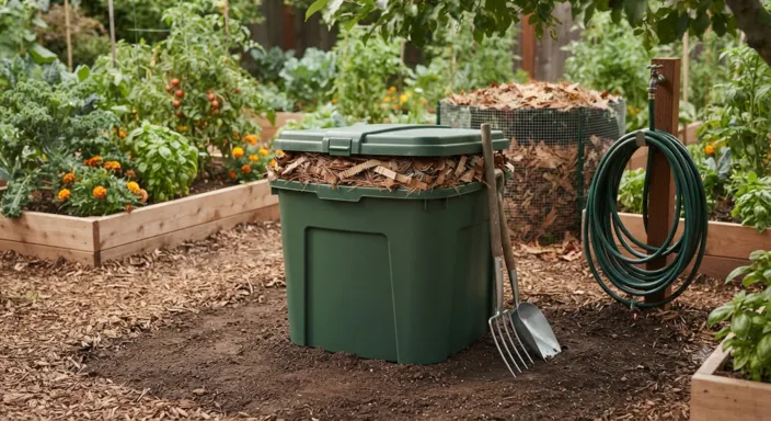 Properly maintained compost bin with covered food scraps to prevent odors and pests.