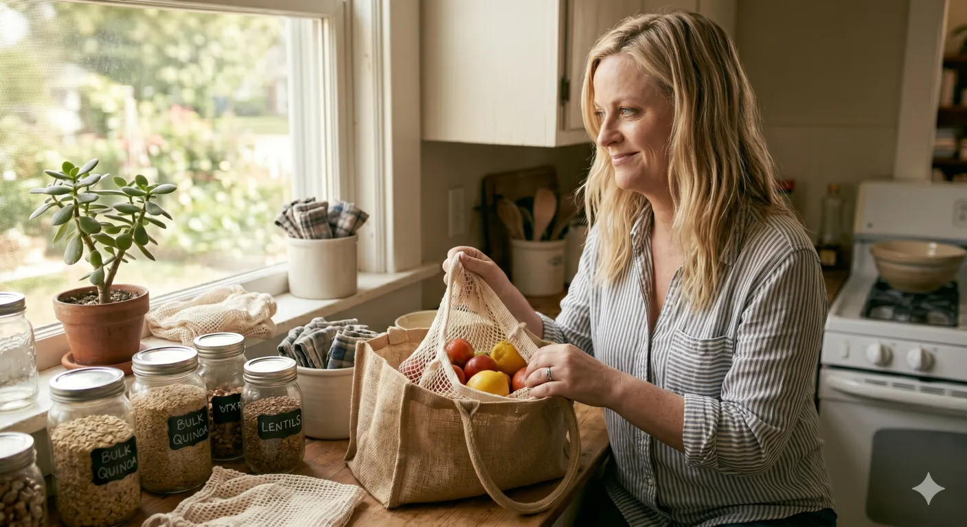 Calm person practicing simple zero waste habits in cozy sustainable kitchen