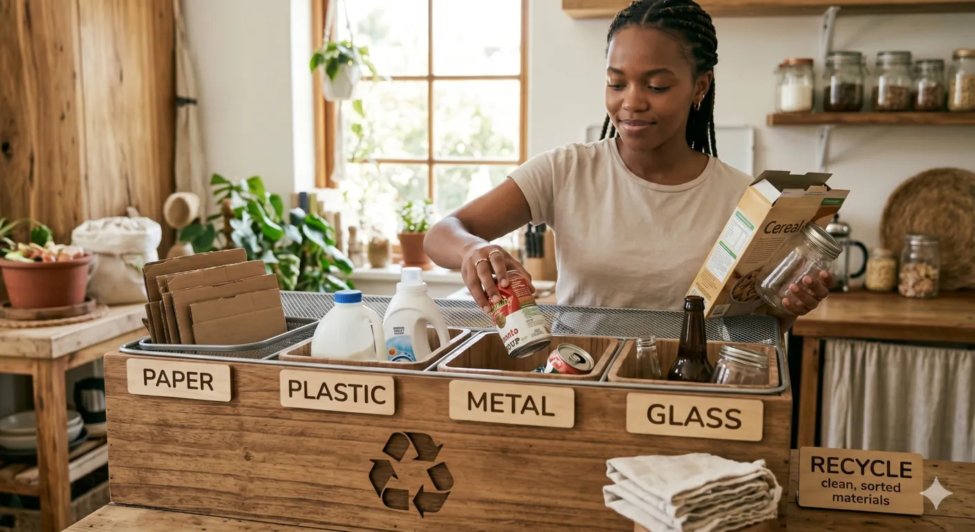 Person sorting clean recyclable materials including plastic, glass, paper, and metal into separate labeled bins in a modern home recycling station.