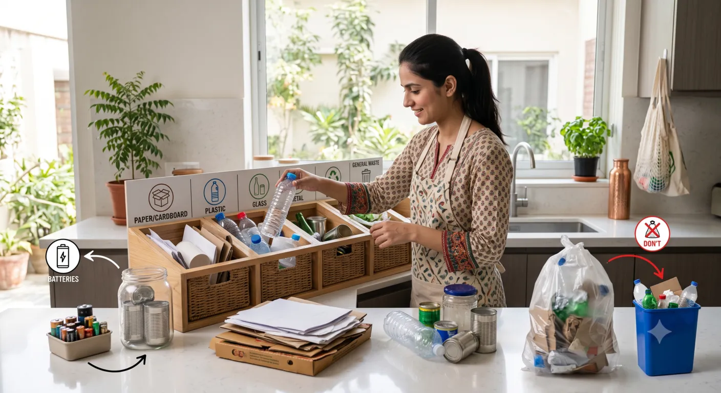 Person avoiding common recycling mistakes by rinsing containers, sorting materials correctly, and keeping batteries and plastic bags out of the recycling bin.