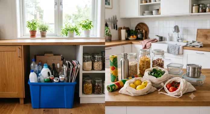 Recycling vs Zero Waste What's the Difference Person comparing a recycling bin with reusable zero waste products to understand the difference between recycling and zero waste living.