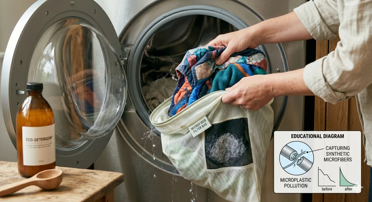 Microfiber-catching laundry bag used in washing machine to reduce microplastic pollution from clothing