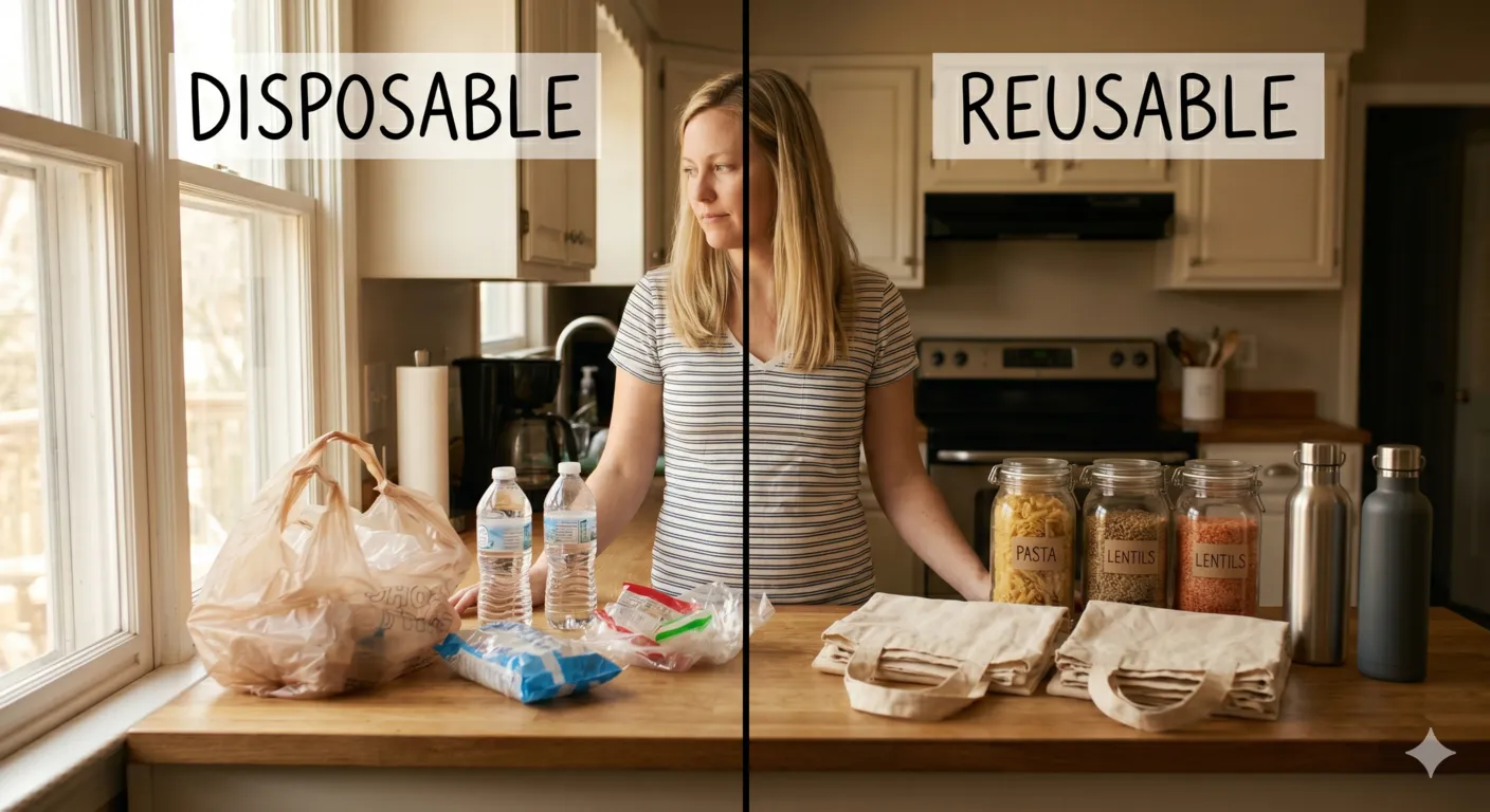 Single-use plastic items replaced with reusable eco-friendly alternatives at home