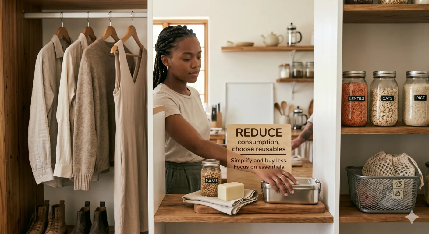 Minimalist home interior showing reduced consumption lifestyle with carefully selected essential items in a tidy pantry and wardrobe promoting zero waste reduce principle.