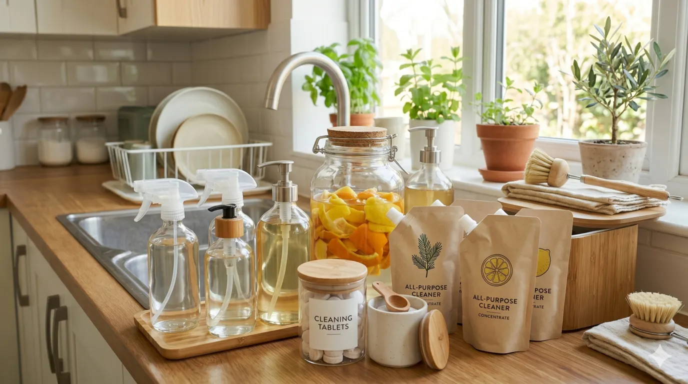Refillable cleaning products in reusable glass bottles helping reduce plastic waste in an eco-friendly home
