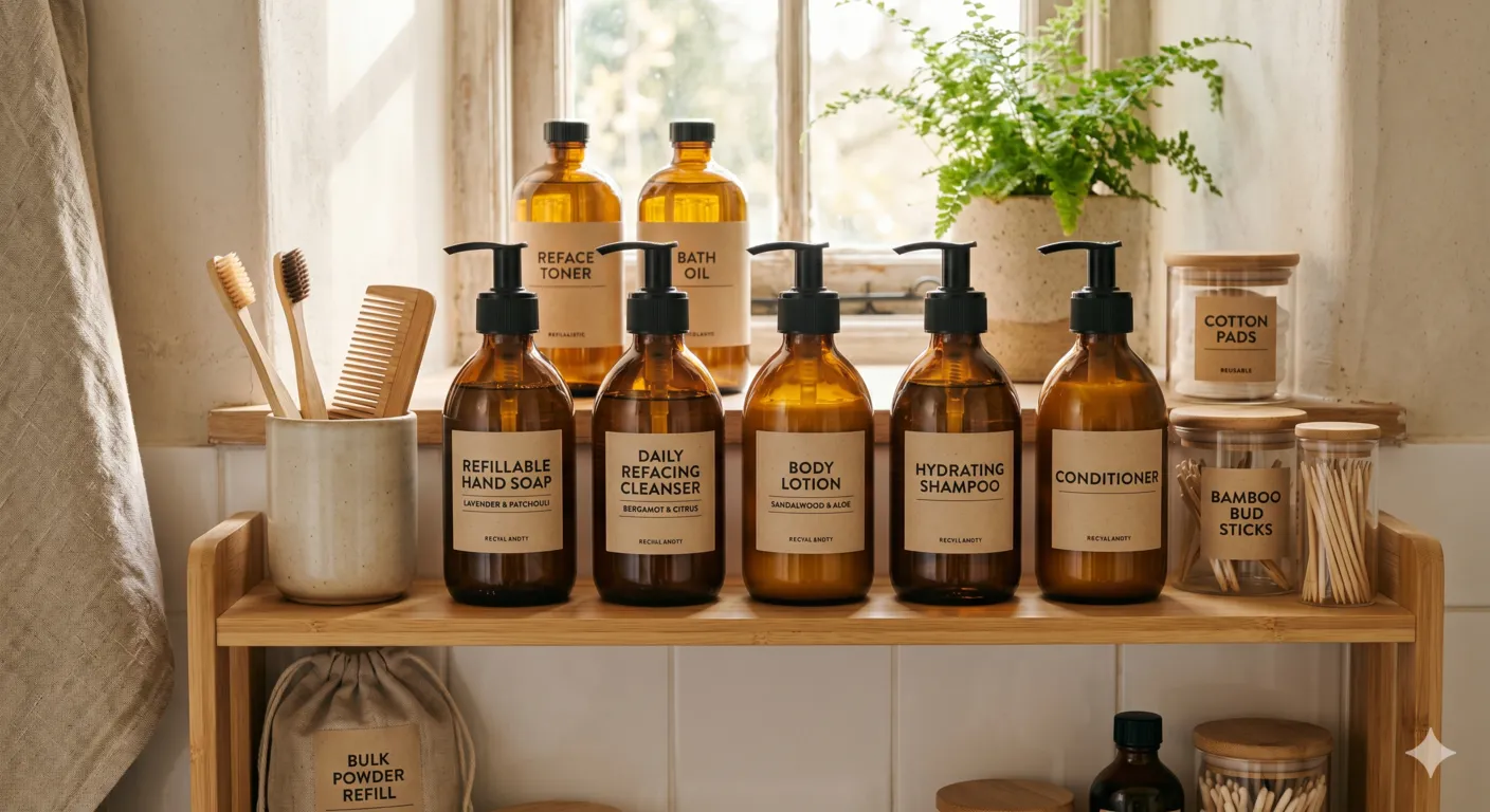 Refillable glass soap and lotion bottles arranged neatly in zero waste bathroom shelf with eco-friendly design
