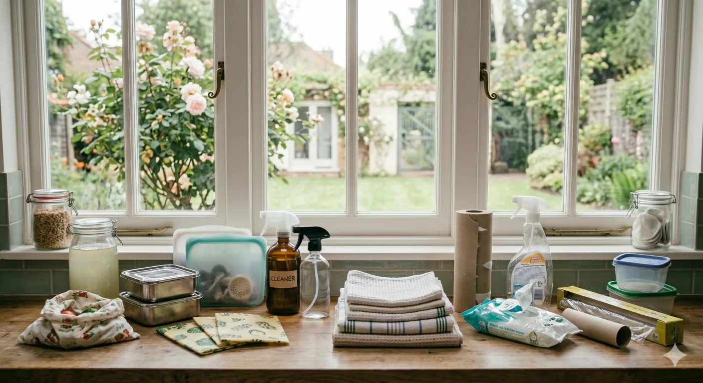 Transition from disposable kitchen products to reusable alternatives in a low-waste home