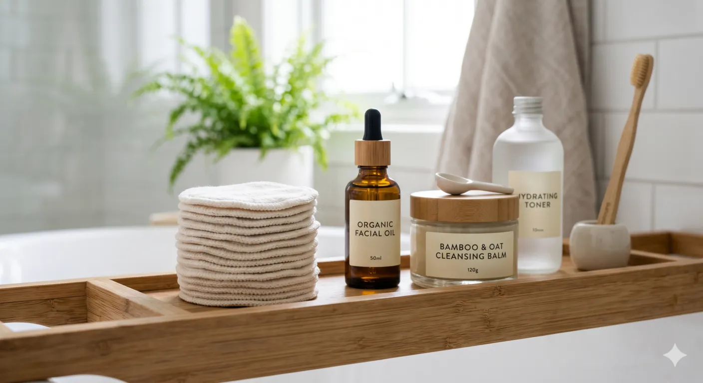 Reusable cotton pads made of organic cotton and bamboo placed beside skincare products in eco-friendly zero waste bathroom