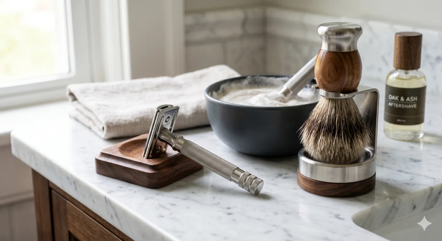 Stainless steel safety razor placed on marble bathroom counter showing sustainable zero waste shaving alternative