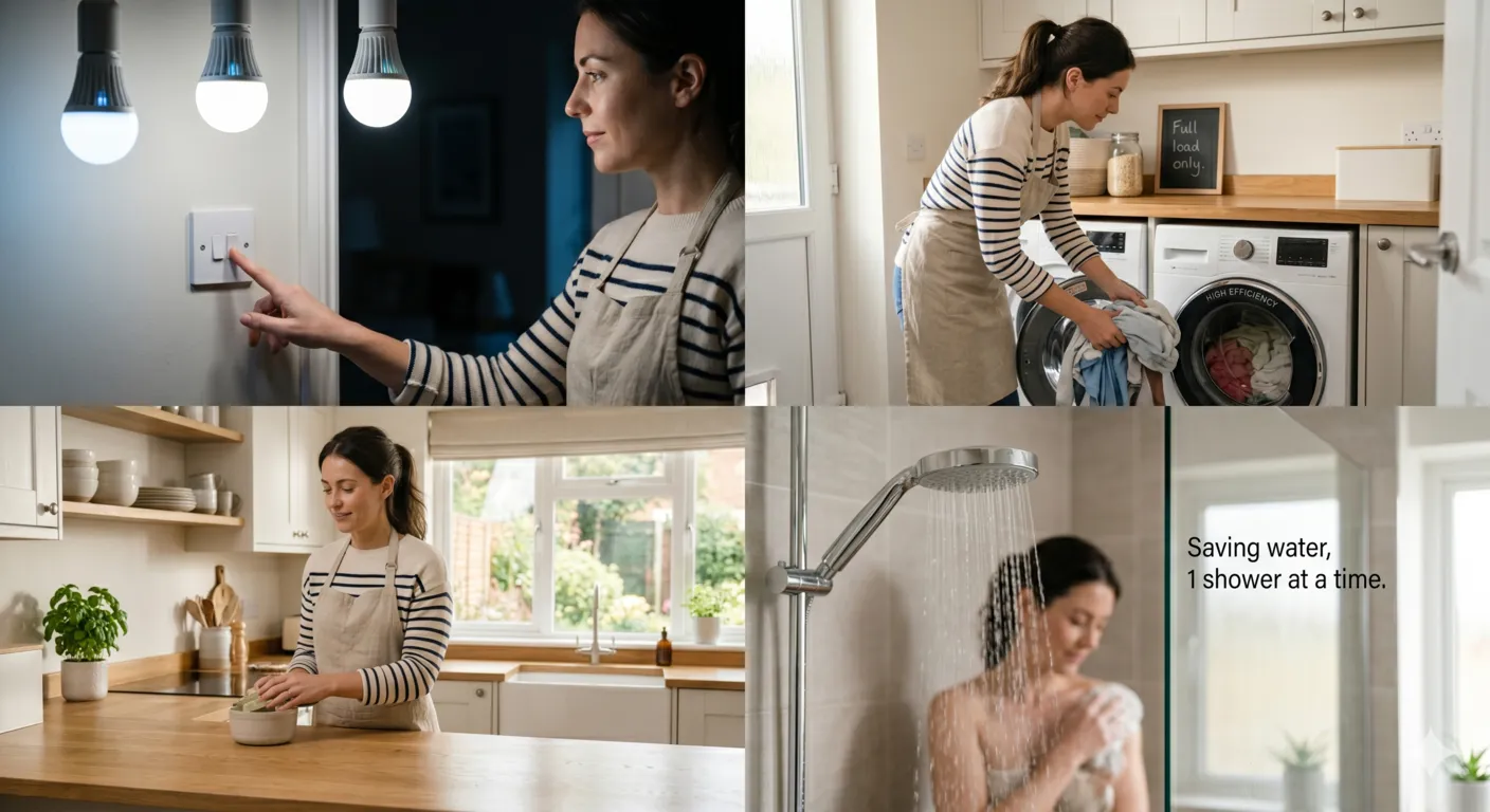 Modern home showing energy-saving habits like LED lighting, efficient appliance use, and water conservation in daily household routine.