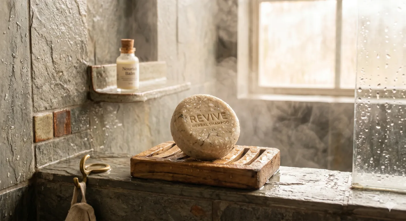 Shampoo bar on wooden soap dish in eco-friendly shower with natural lighting and plastic-free bathroom lifestyle