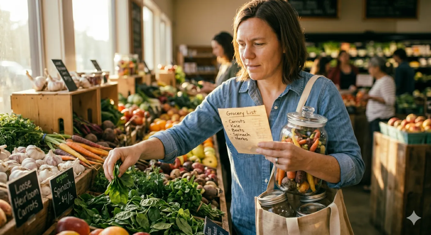 Shopper using reusable bags and grocery list to buy only needed food