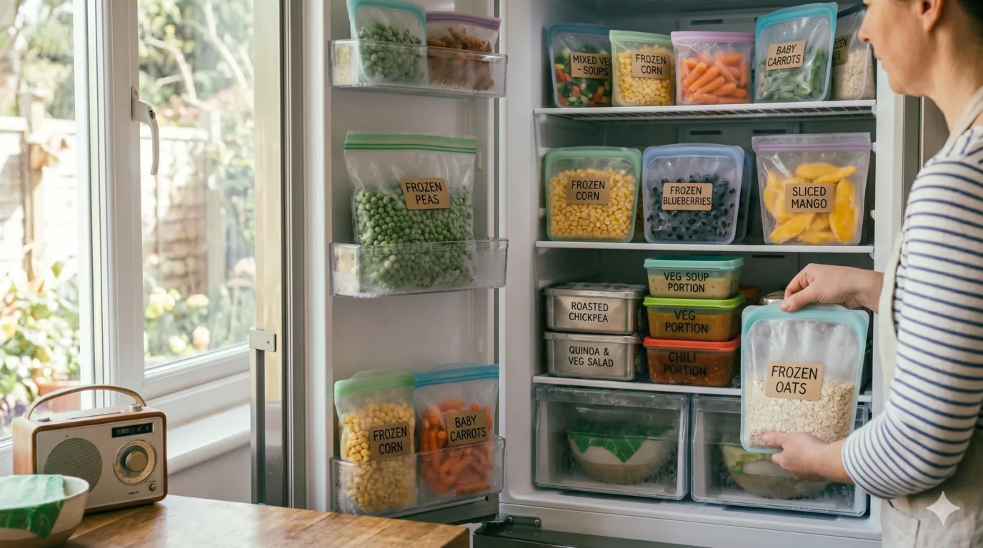 Reusable silicone storage bags storing frozen food and meal prep portions