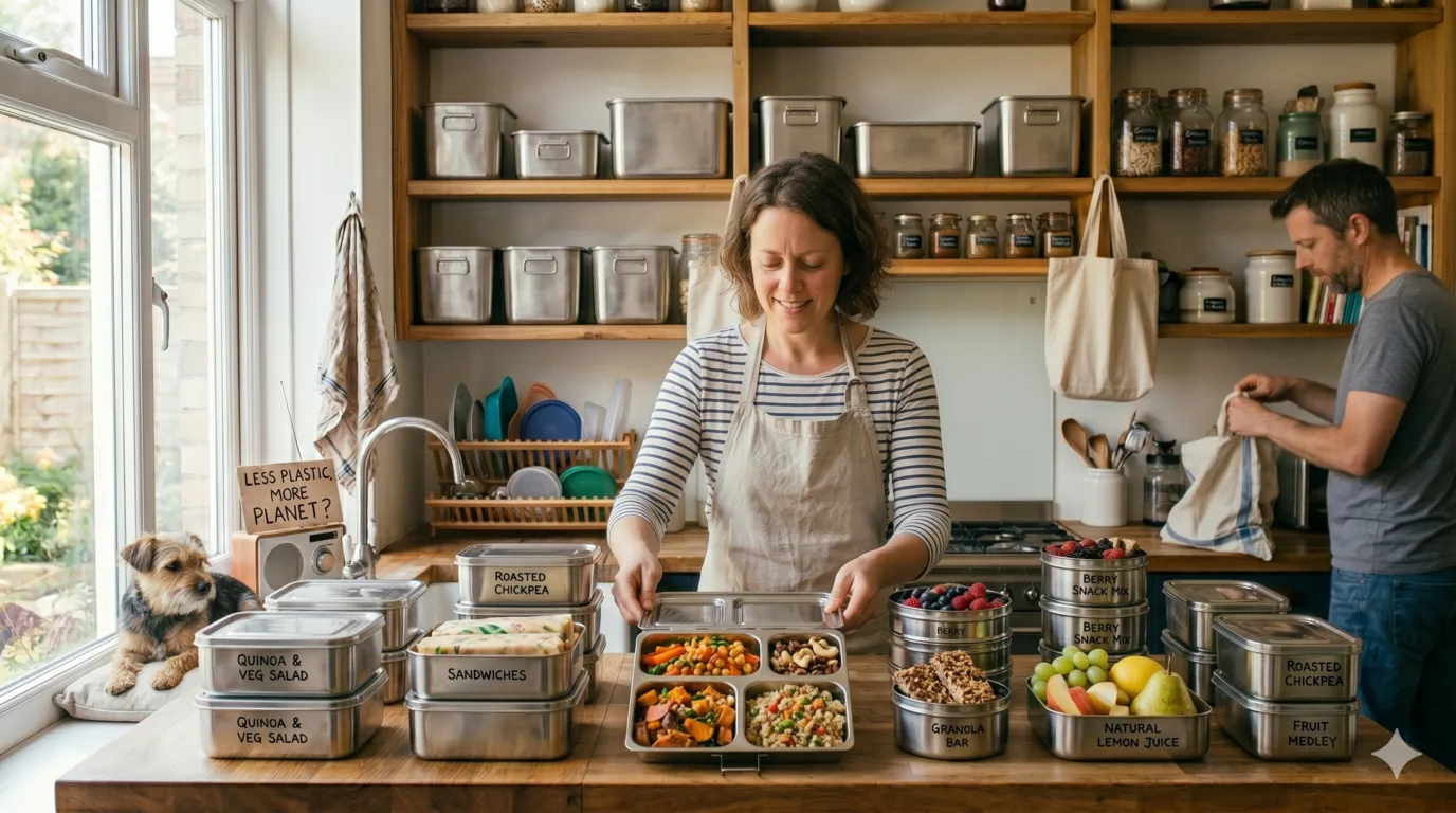 Reusable stainless steel containers storing homemade meals and healthy snacks
