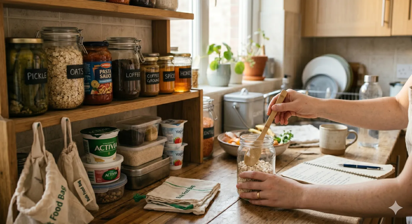 Reused glass jars and containers used for food storage in kitchen showing zero waste reuse concept at home