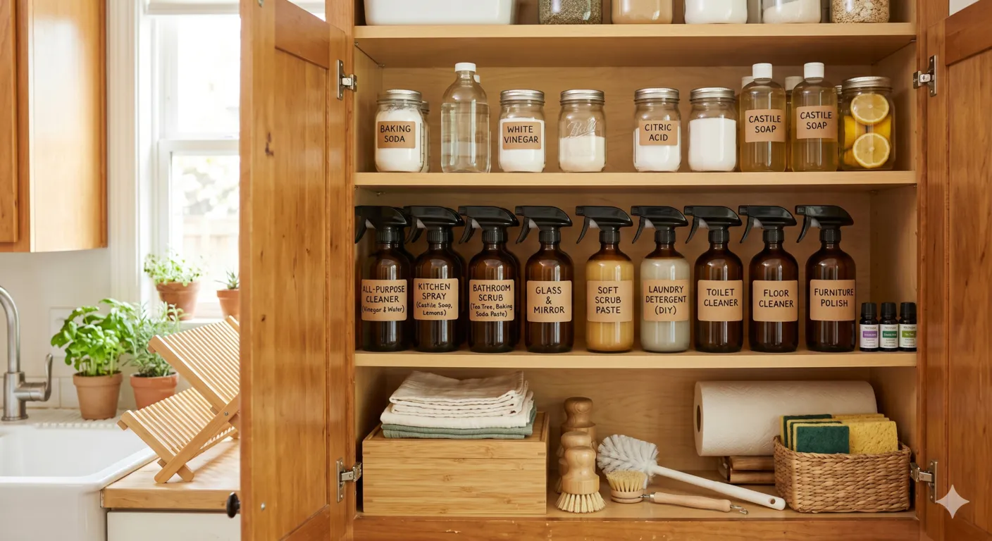 Reusable glass bottles storing homemade cleaning products for an organized zero waste cleaning system