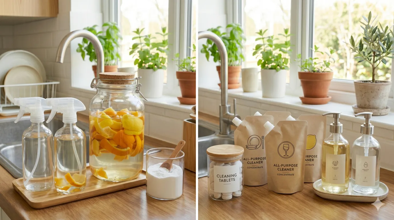 Comparison of homemade natural cleaning products and store-bought eco-friendly cleaning solutions in reusable containers