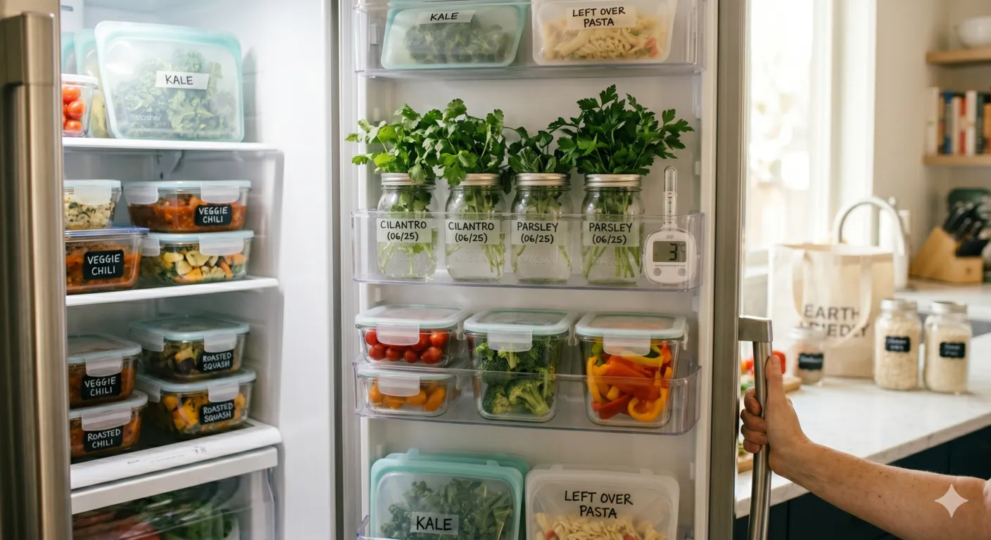 Organized refrigerator with fresh produce stored in reusable containers
