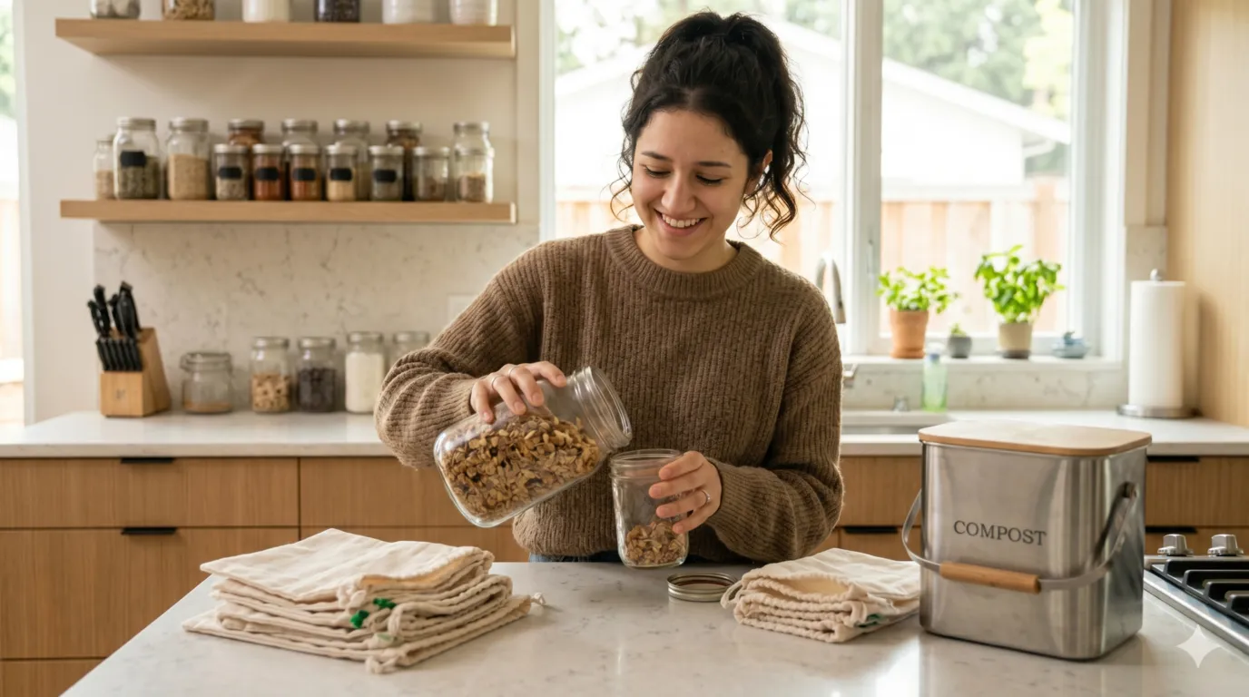 Calm person using reusable containers and cloth bags in a simple sustainable kitchen