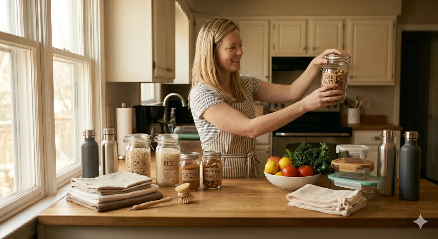 Reusable glass jars, stainless steel bottles, and cloth bags in zero waste kitchen