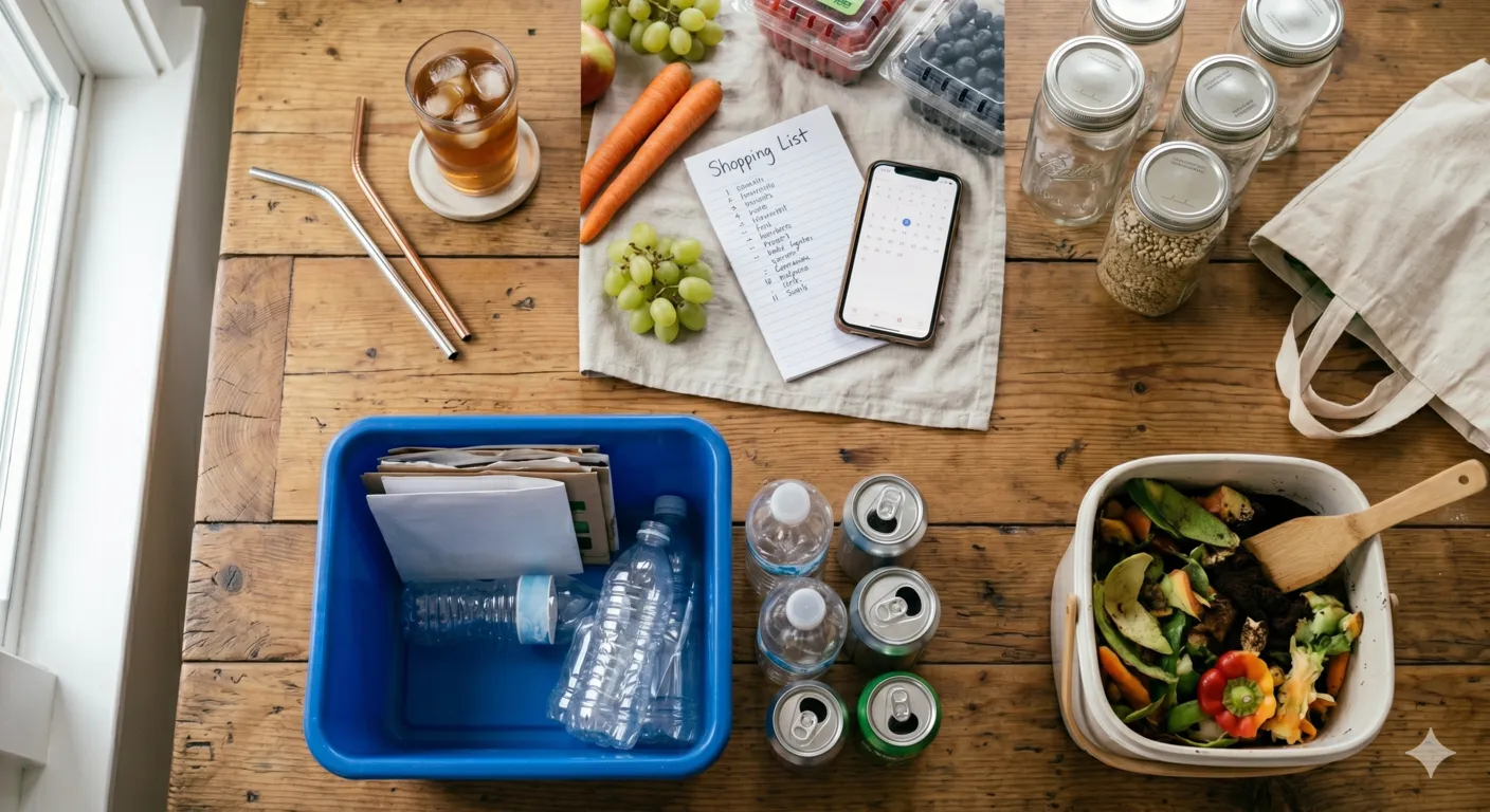 Everyday examples of the 5 Rs of zero waste including refuse, reduce, reuse, recycle, and rot.
