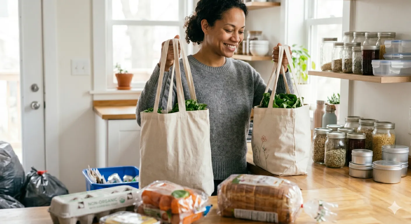 Woman carrying reusable grocery bags while making simple zero waste choices in everyday life.