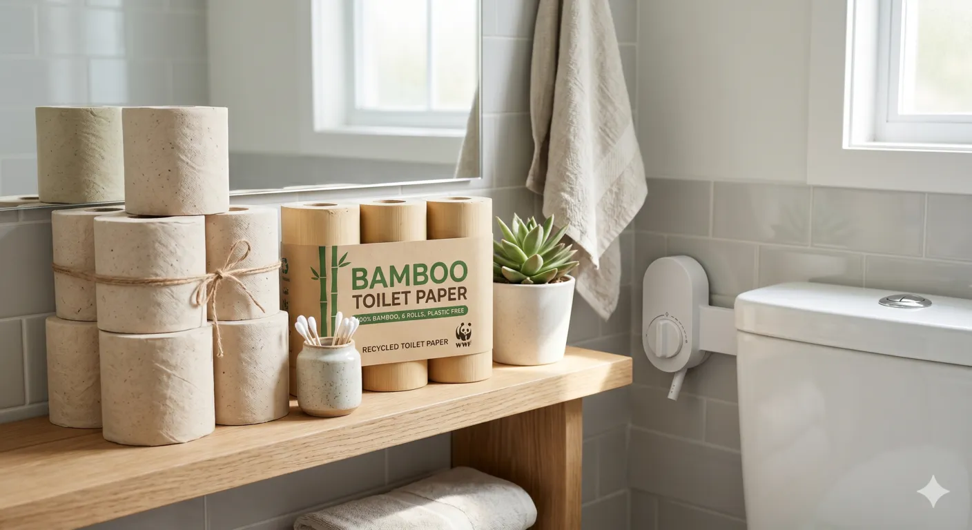 Recycled and bamboo toilet paper rolls displayed in modern bathroom with bidet attachment for sustainable hygiene