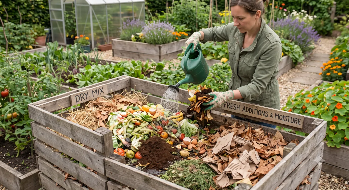Dry compost pile with excess brown materials being corrected with green waste.