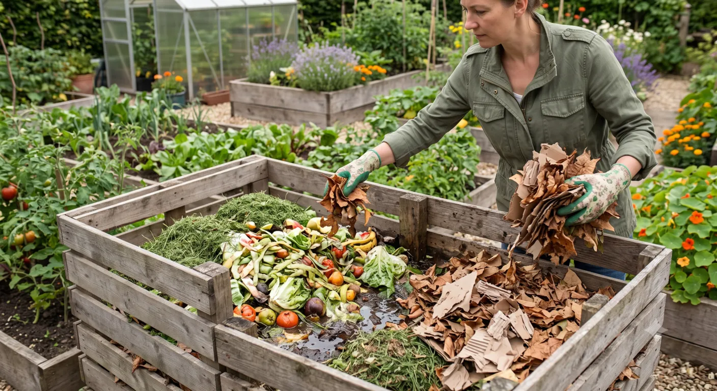 Compost pile with too much green material being balanced with dry brown materials.