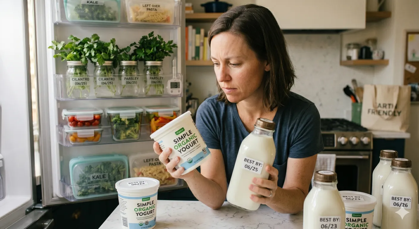 Person checking food freshness and expiration dates before disposal